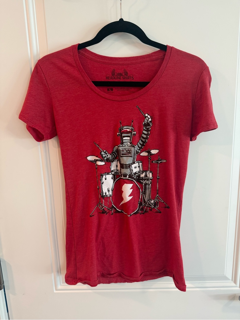 Headline Shirts Women's Red Robot Drummer Graphic Tee